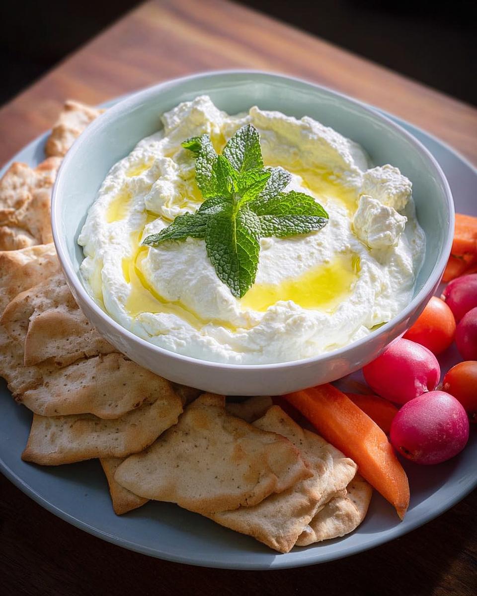 A bowl of creamy white dip topped with olive oil and mint, served with pita chips and fresh vegetables, perfect for NYE snacks.