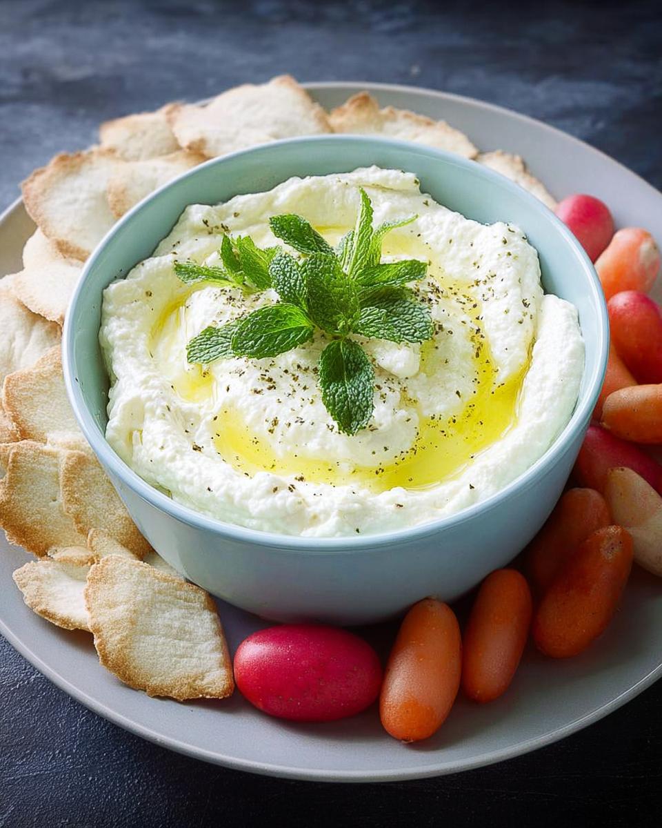 A bowl of creamy white dip topped with olive oil and mint, served with pita chips and fresh vegetables for one of the 25 Best NYE Snacks for a Crowd.