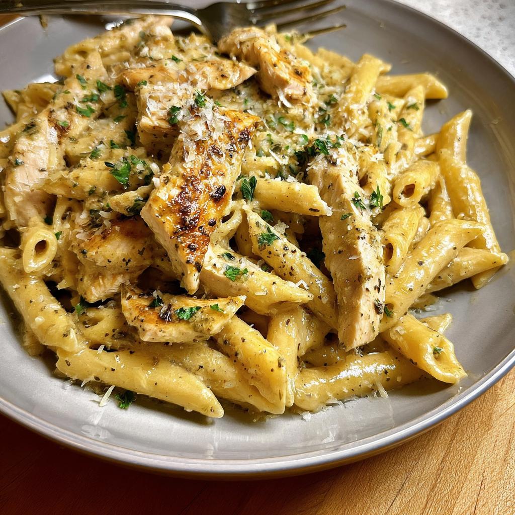 Close-up of a bowl filled with Creamy Garlic Parmesan Chicken Pasta, topped with grilled chicken strips and fresh parsley.