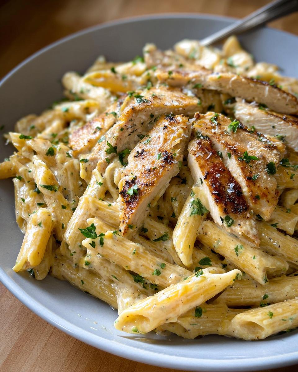 Close-up of Creamy Garlic Parmesan Chicken Pasta topped with sliced grilled chicken and parsley.