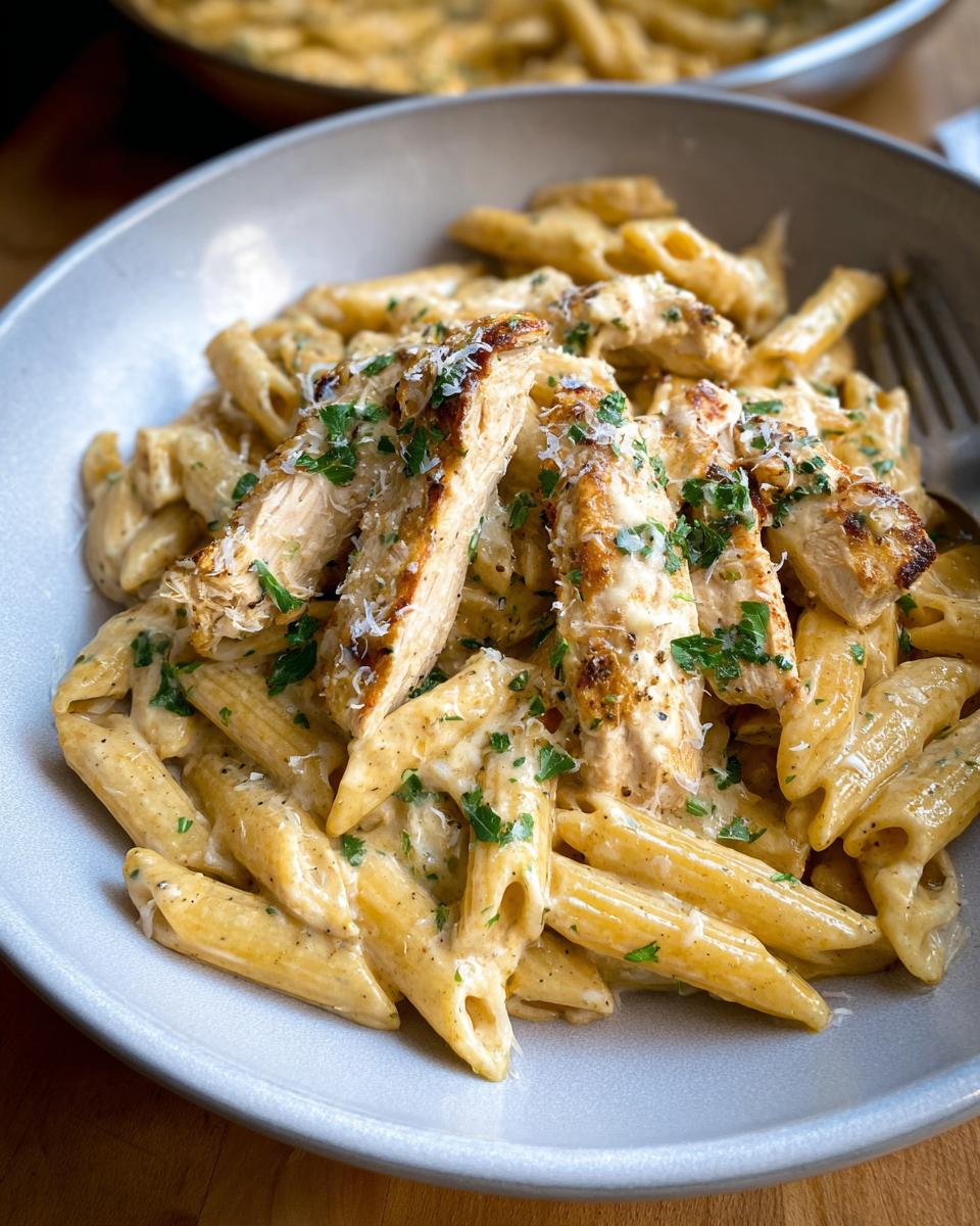 Close-up of a bowl filled with Creamy Garlic Parmesan Chicken Pasta, topped with sliced chicken and fresh parsley.