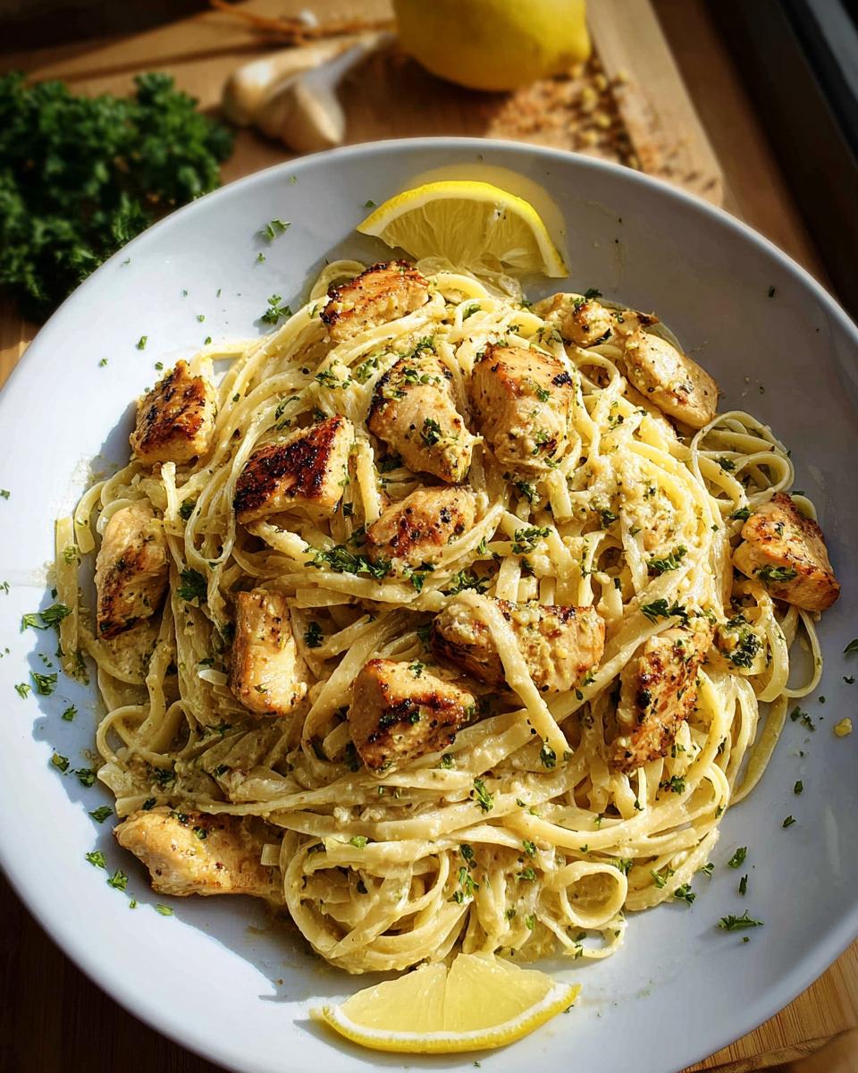 A bowl of Creamy Garlic Parmesan Chicken Pasta topped with grilled chicken pieces and fresh parsley.