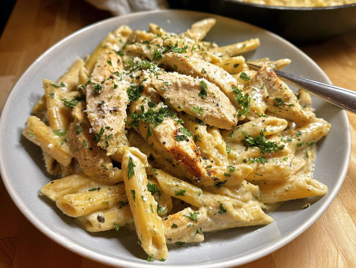 Close-up of a serving of Creamy Garlic Parmesan Chicken Pasta with penne, topped with sliced chicken and fresh parsley.