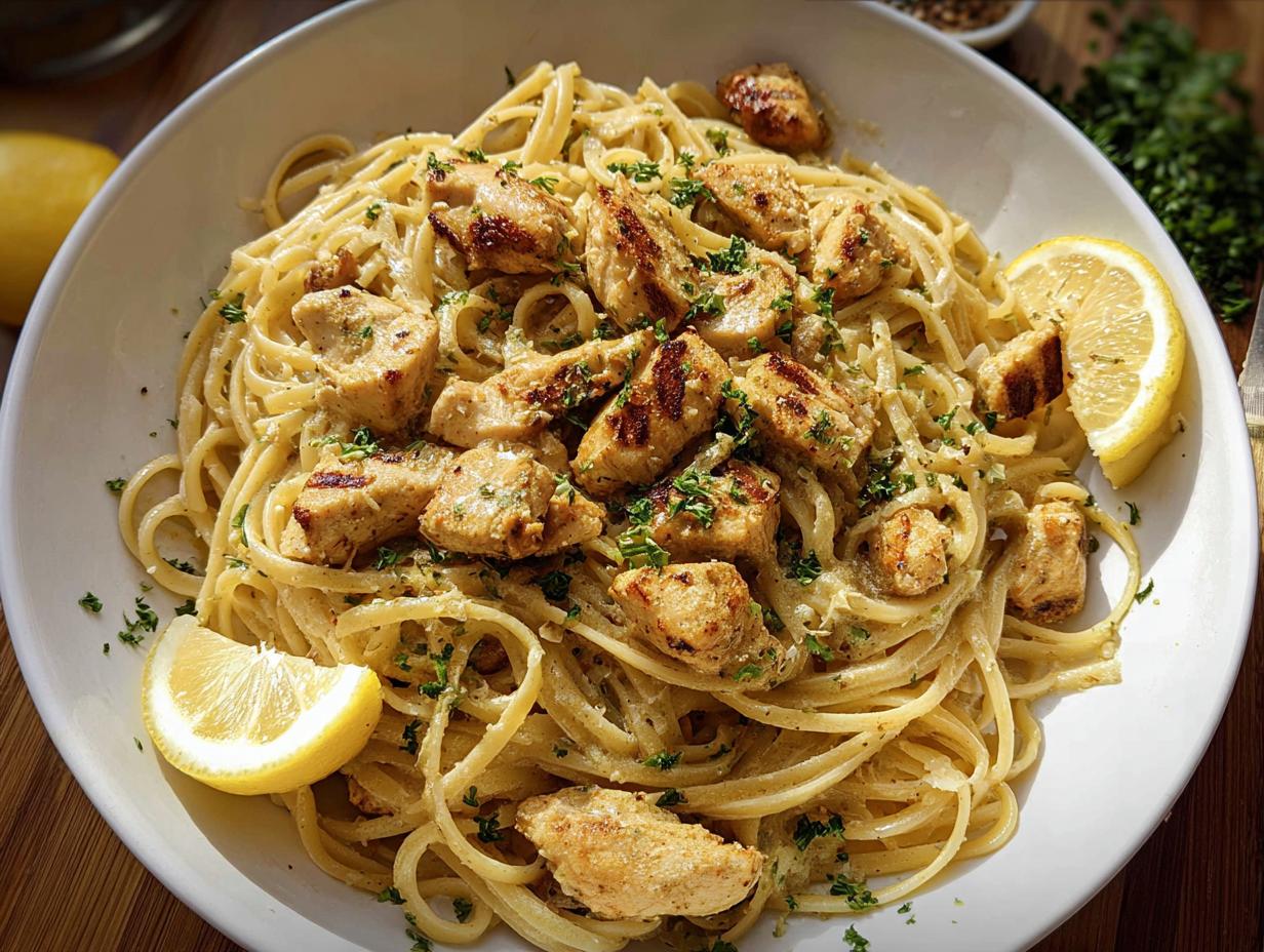 A close-up of Creamy Garlic Parmesan Chicken Pasta topped with grilled chicken pieces and lemon wedges.