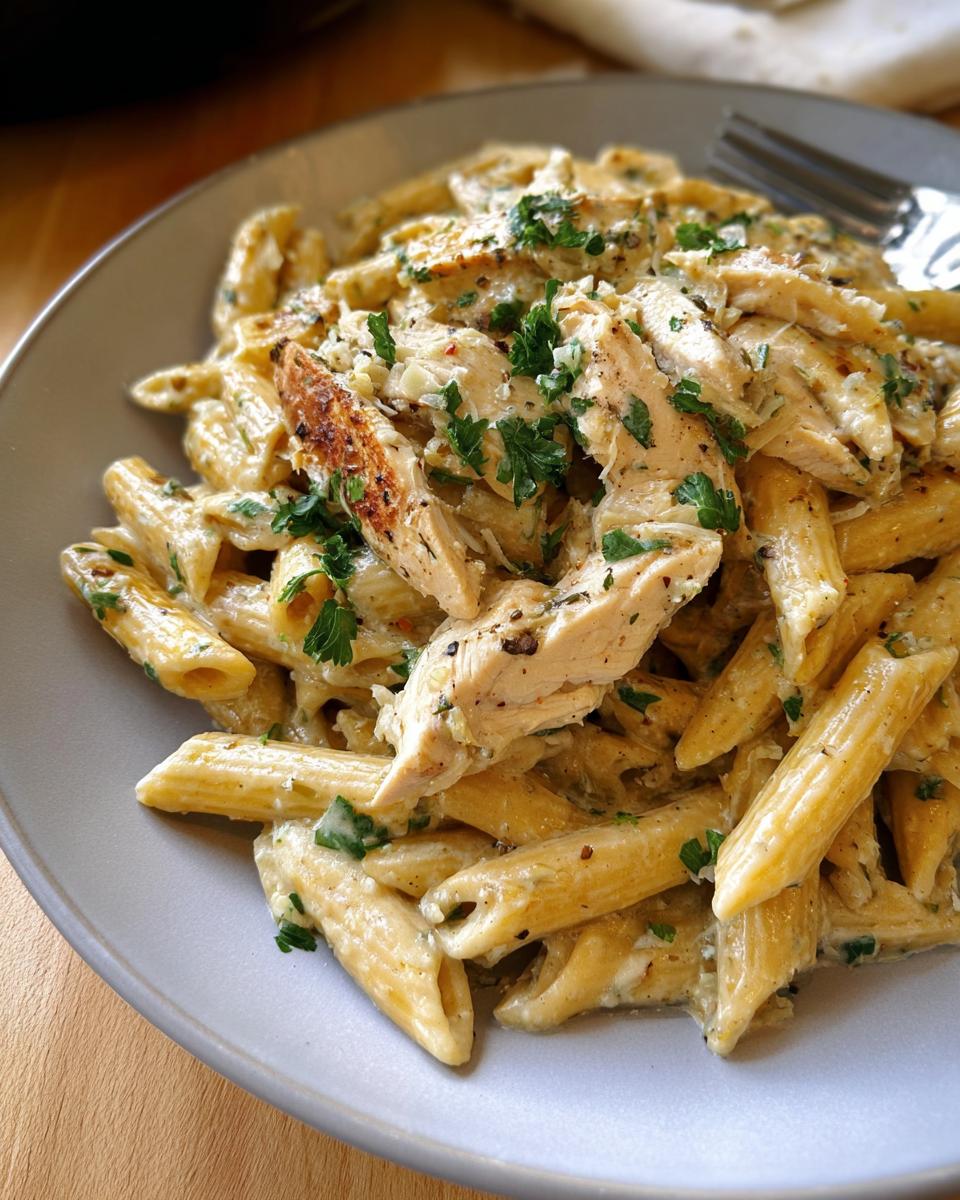 Close-up of Creamy Garlic Parmesan Chicken Pasta featuring penne noodles, sliced grilled chicken, and fresh parsley.