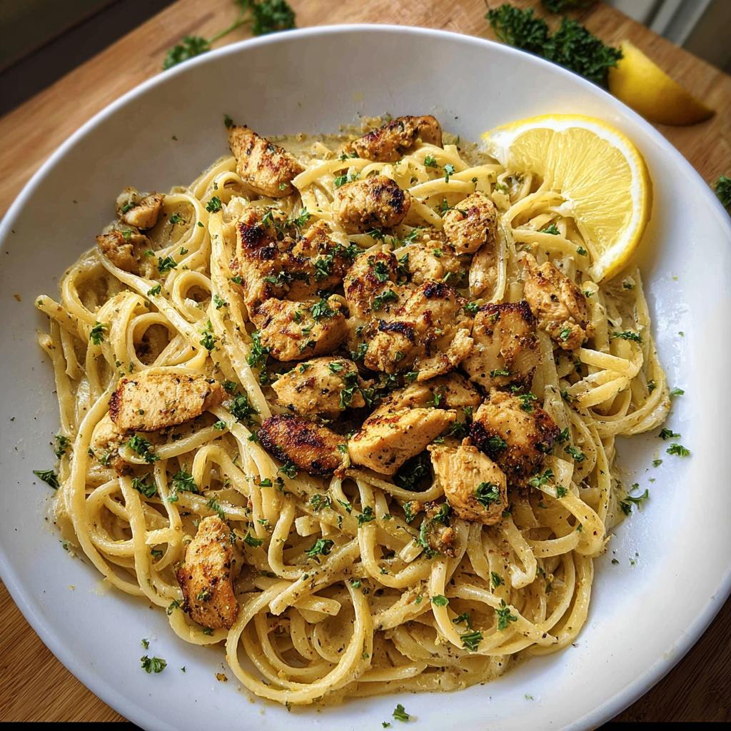 A bowl of Creamy Garlic Parmesan Chicken Pasta topped with seasoned chicken pieces and fresh parsley.