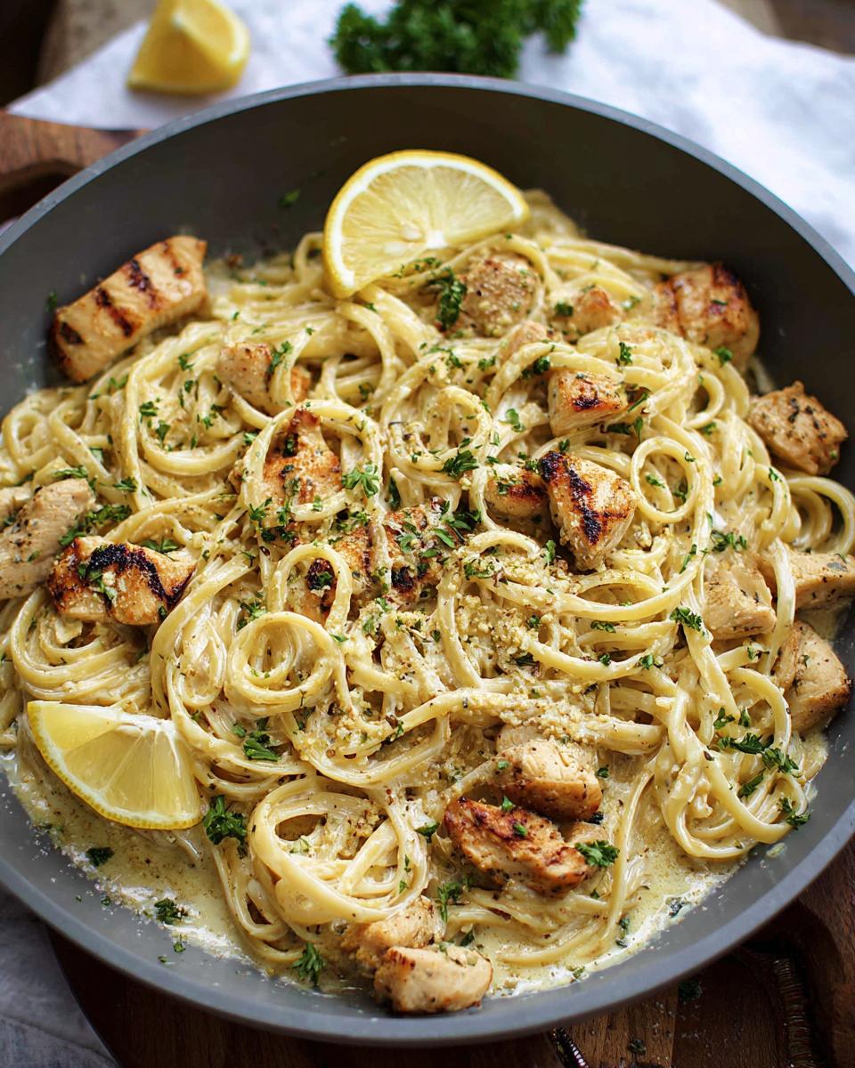 Close-up of Creamy Garlic Parmesan Chicken Pasta tossed with grilled chicken pieces and garnished with lemon.
