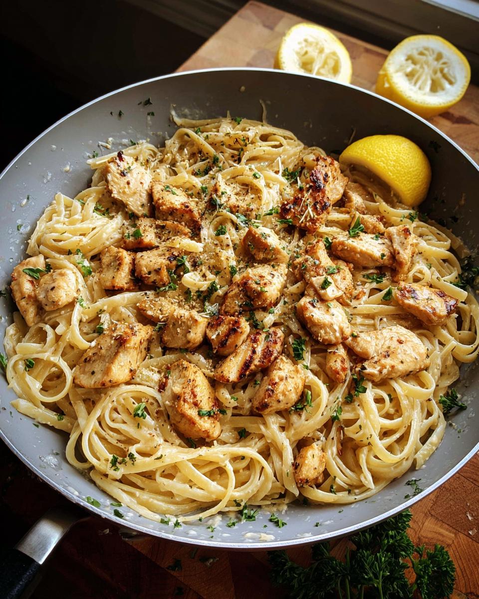 Close-up of Creamy Garlic Parmesan Chicken Pasta tossed with grilled chicken pieces and fresh parsley in a skillet.