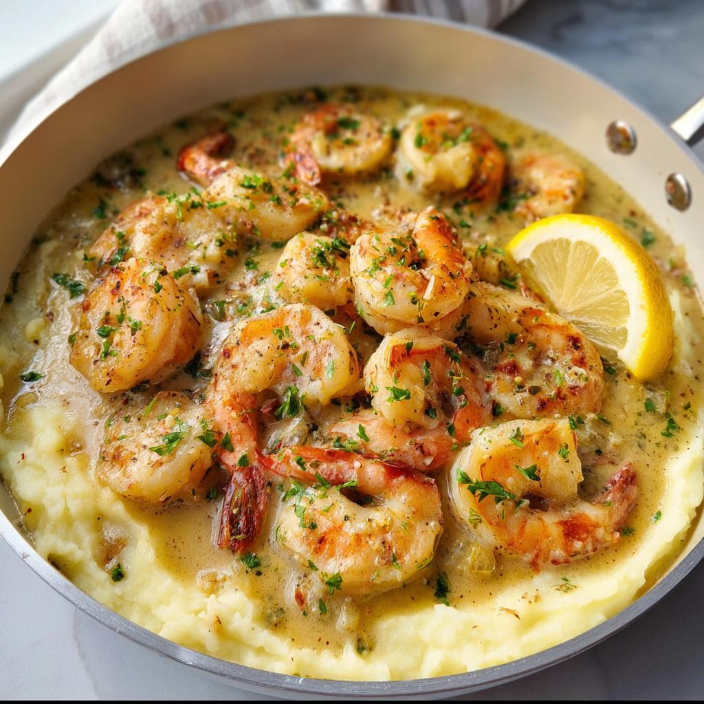 Close-up of creamy garlic shrimp served over fluffy mashed potatoes, garnished with parsley and a lemon wedge.