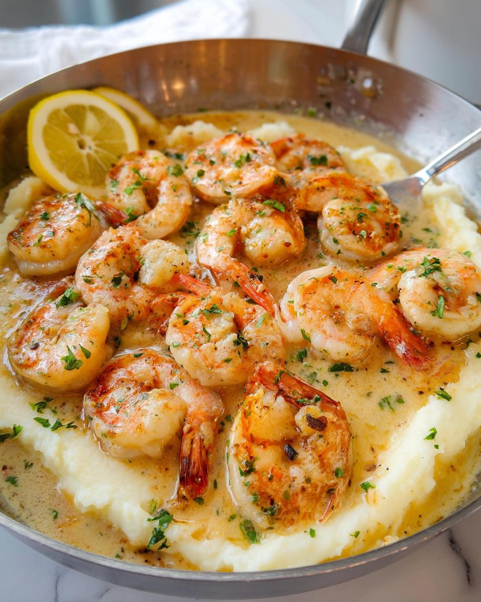 Close-up of pan-seared Creamy Garlic Shrimp Over Mashed Potatoes, garnished with parsley and lemon slices.