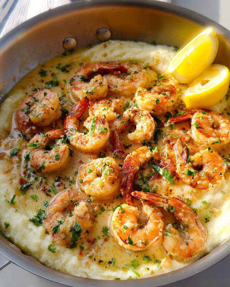 Close-up of Creamy Garlic Shrimp Over Mashed Potatoes in a pan, garnished with lemon and parsley.