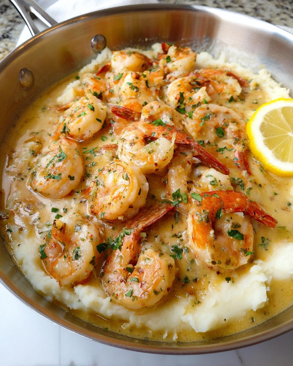 Close-up of succulent shrimp in a creamy garlic sauce served over fluffy mashed potatoes, garnished with parsley and a lemon slice.