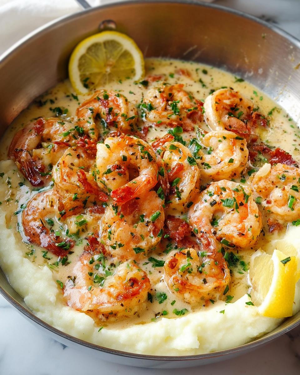 A close-up of Creamy Garlic Shrimp Over Mashed Potatoes, garnished with lemon and parsley.