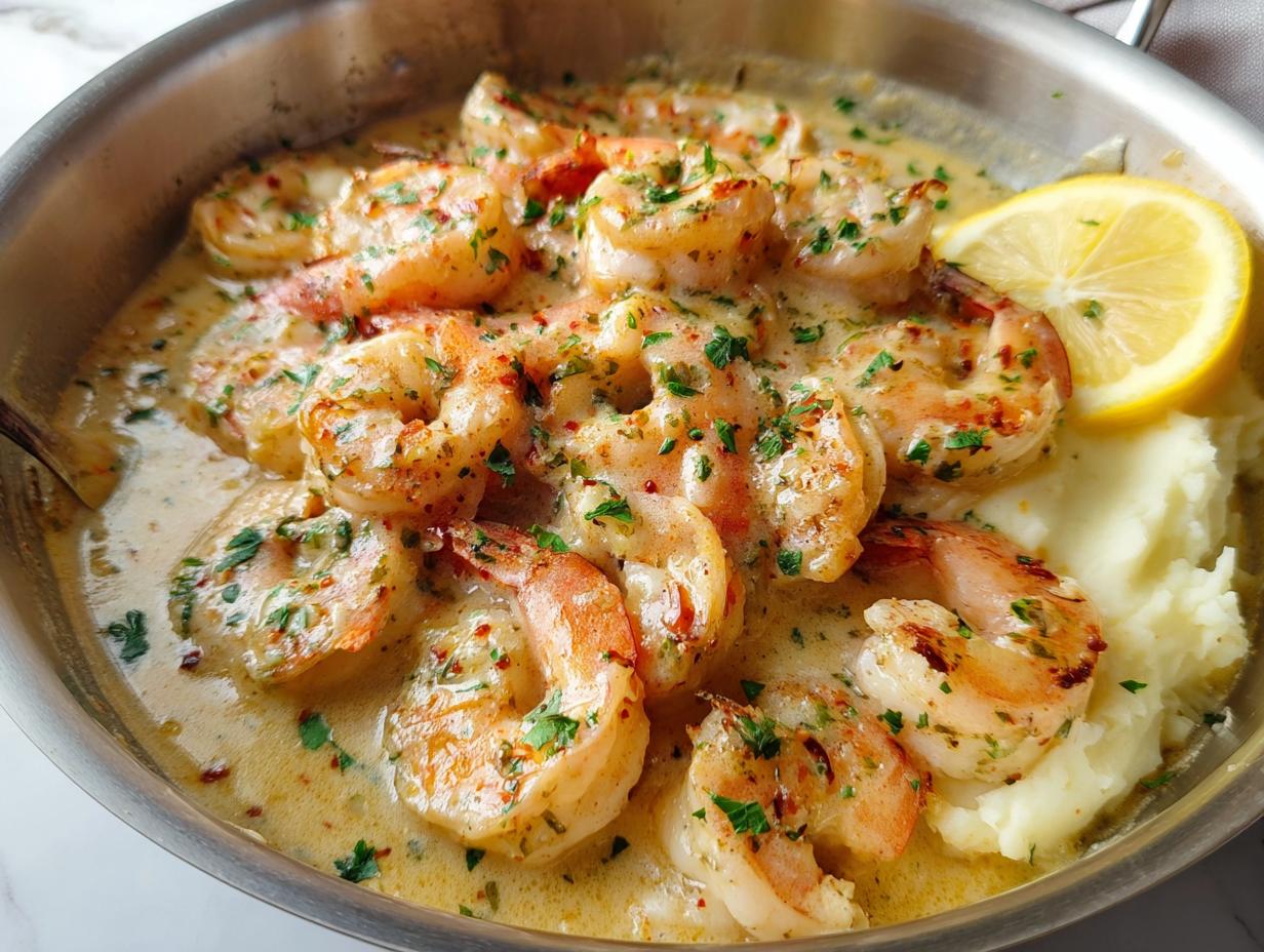 Close-up of Creamy Garlic Shrimp Over Mashed Potatoes in a skillet, garnished with parsley and a lemon slice.