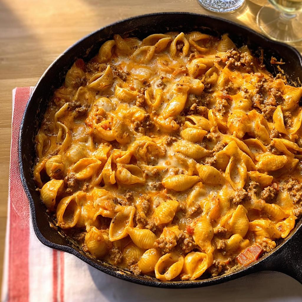 Close-up of a rich and creamy hamburger skillet with shell pasta and melted cheese in a black cast iron pan.