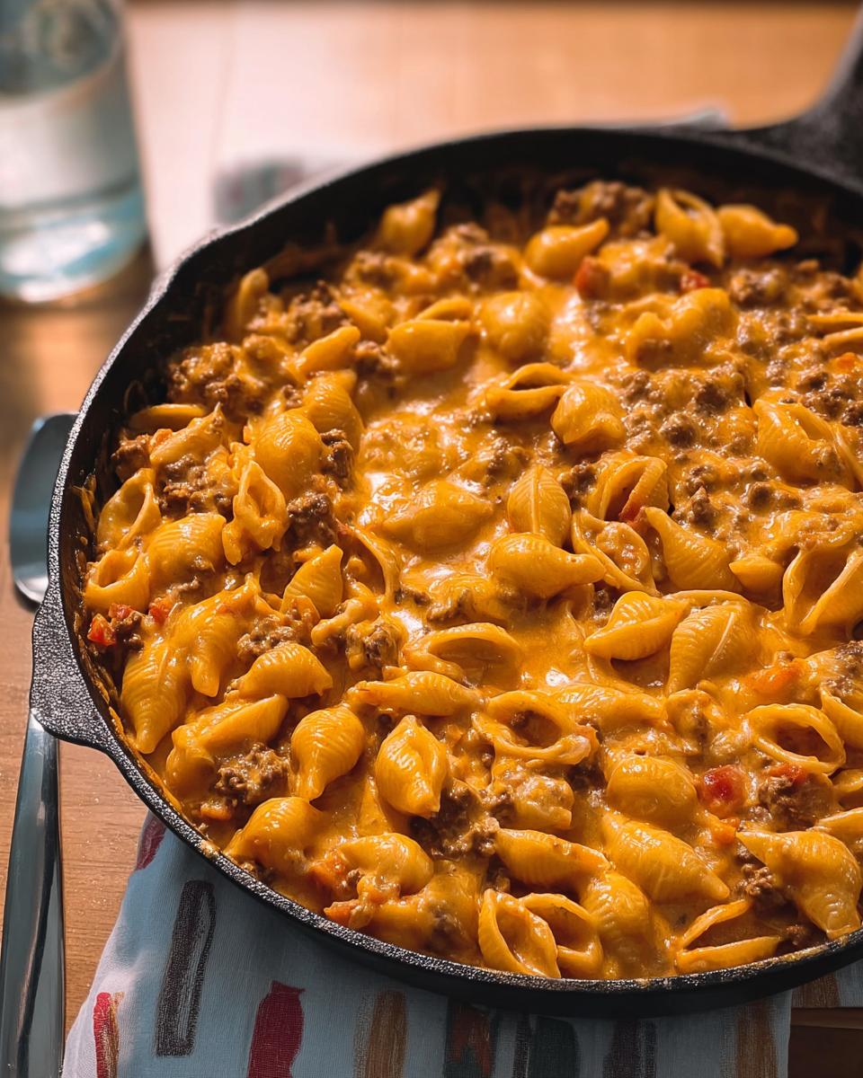 Close-up of a cast iron skillet filled with creamy hamburger skillet, featuring shell pasta mixed with ground beef and rich cheese sauce.