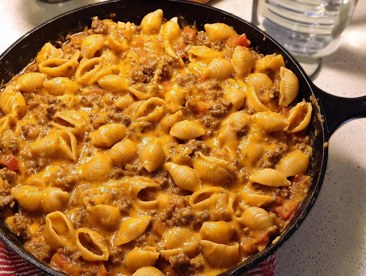 Close-up of a rich Creamy Hamburger Skillet made with shell pasta, ground beef, and melted cheddar cheese in a black skillet.