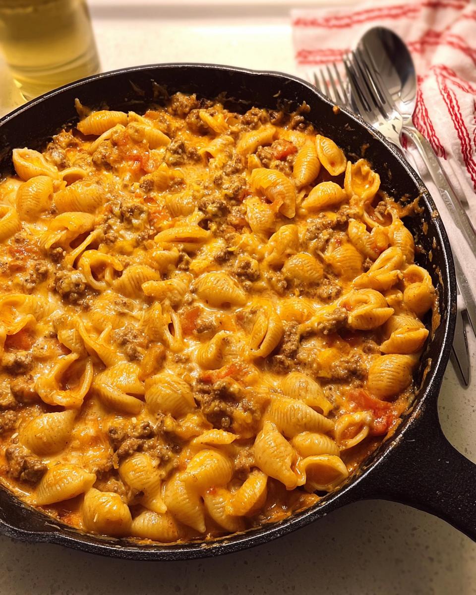 Close-up of a rich and cheesy Creamy Hamburger Skillet with shell pasta and ground beef.
