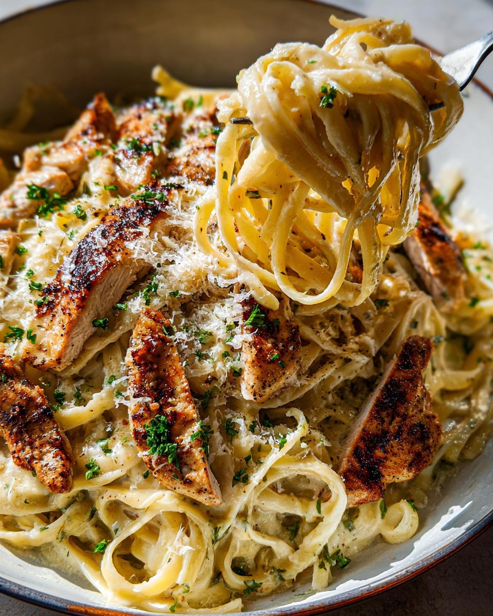 A fork lifts a twirl of fettuccine coated in creamy sauce from a bowl of Creamy Lemon Chicken Pasta topped with sliced grilled chicken.