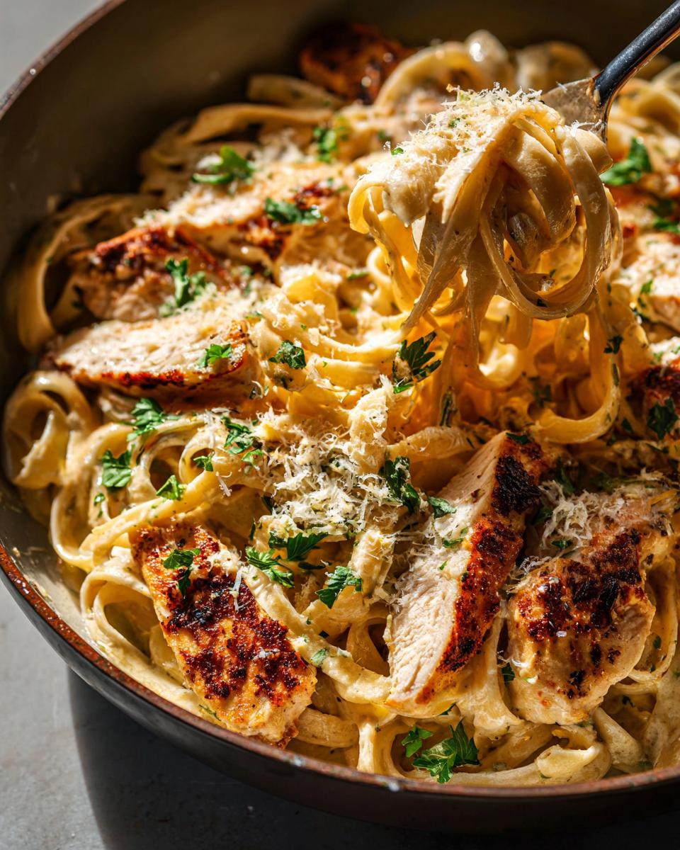 A fork lifting fettuccine coated in sauce from a bowl of Creamy Lemon Chicken Pasta topped with sliced chicken and Parmesan.