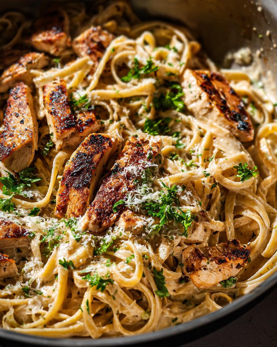 Close-up of rich, creamy lemon chicken pasta with sliced grilled chicken, parsley, and Parmesan cheese.