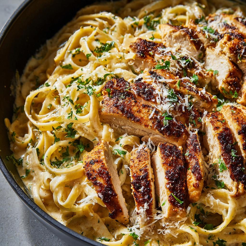 Close-up of fettuccine coated in creamy sauce, topped with sliced, seasoned chicken and grated Parmesan for Creamy Lemon Chicken Pasta.