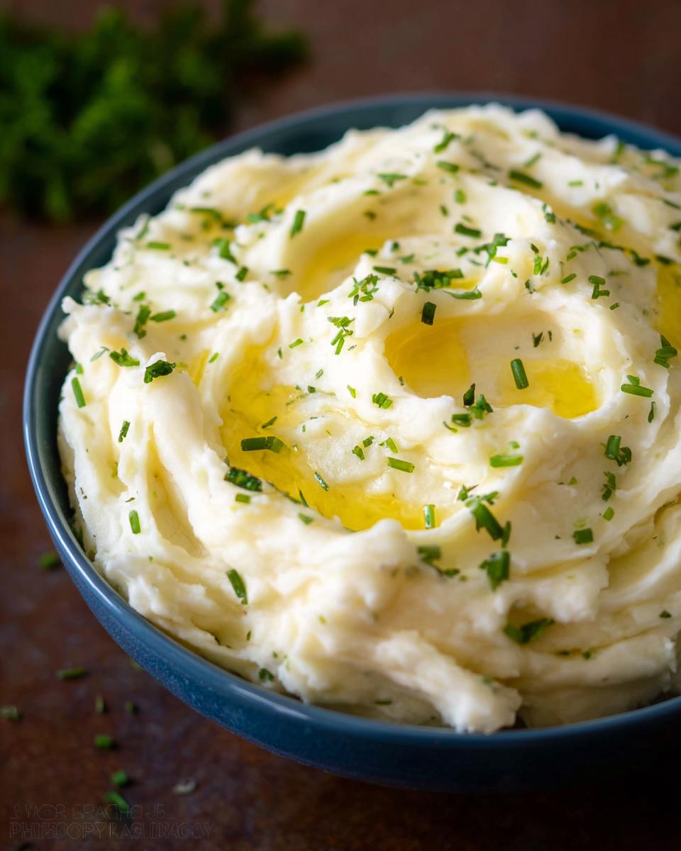 Close-up of a blue bowl filled with fluffy Creamy Mashed Potatoes, topped with melted butter pools and fresh chopped chives.