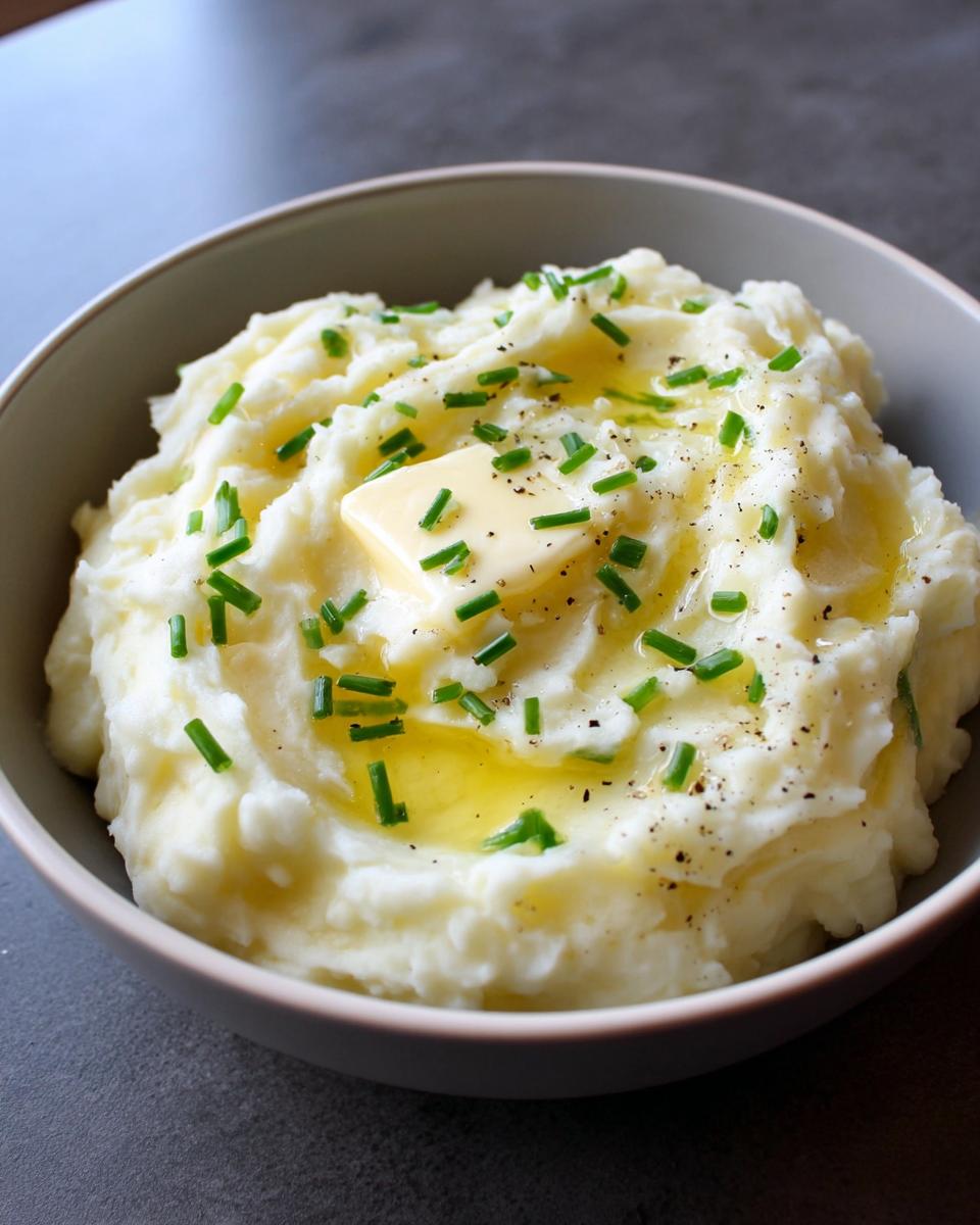 Close-up of creamy mashed potatoes topped with melted butter, fresh chives, and cracked black pepper.
