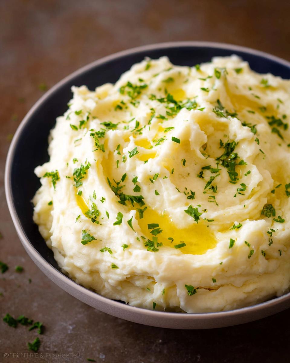 A close-up of fluffy Creamy Mashed Potatoes topped with melted butter pools and fresh chopped parsley.