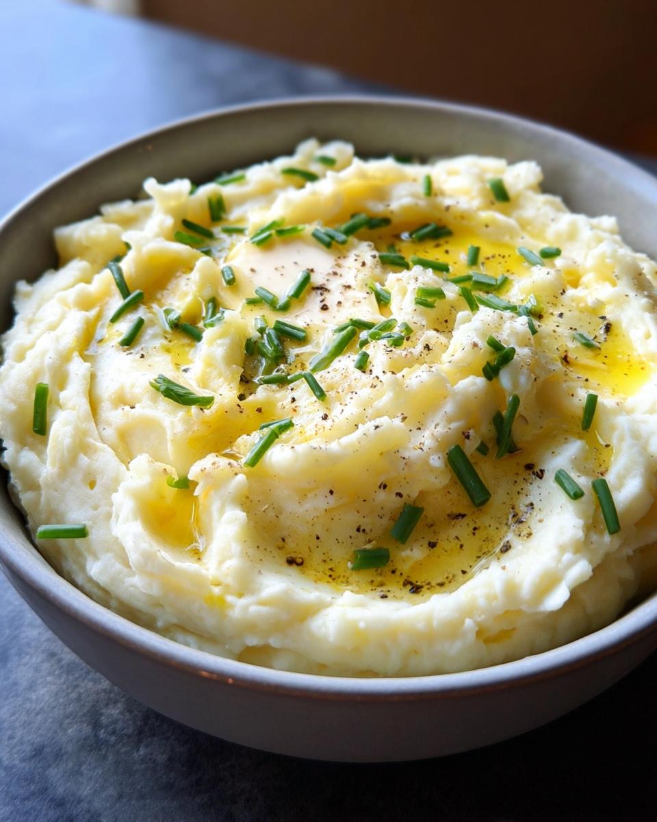 Close-up of creamy mashed potatoes topped with melted butter, chives, and cracked black pepper.