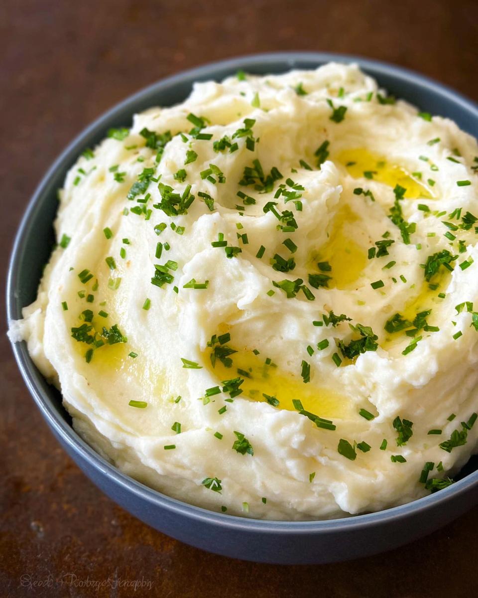 A close-up of fluffy Creamy Mashed Potatoes topped with melted butter and fresh chopped chives.