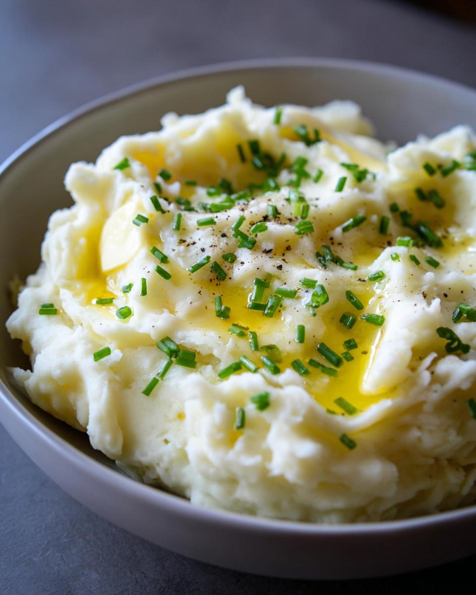 Close-up of fluffy mashed potatoes topped with melted butter, fresh chives, and black pepper.