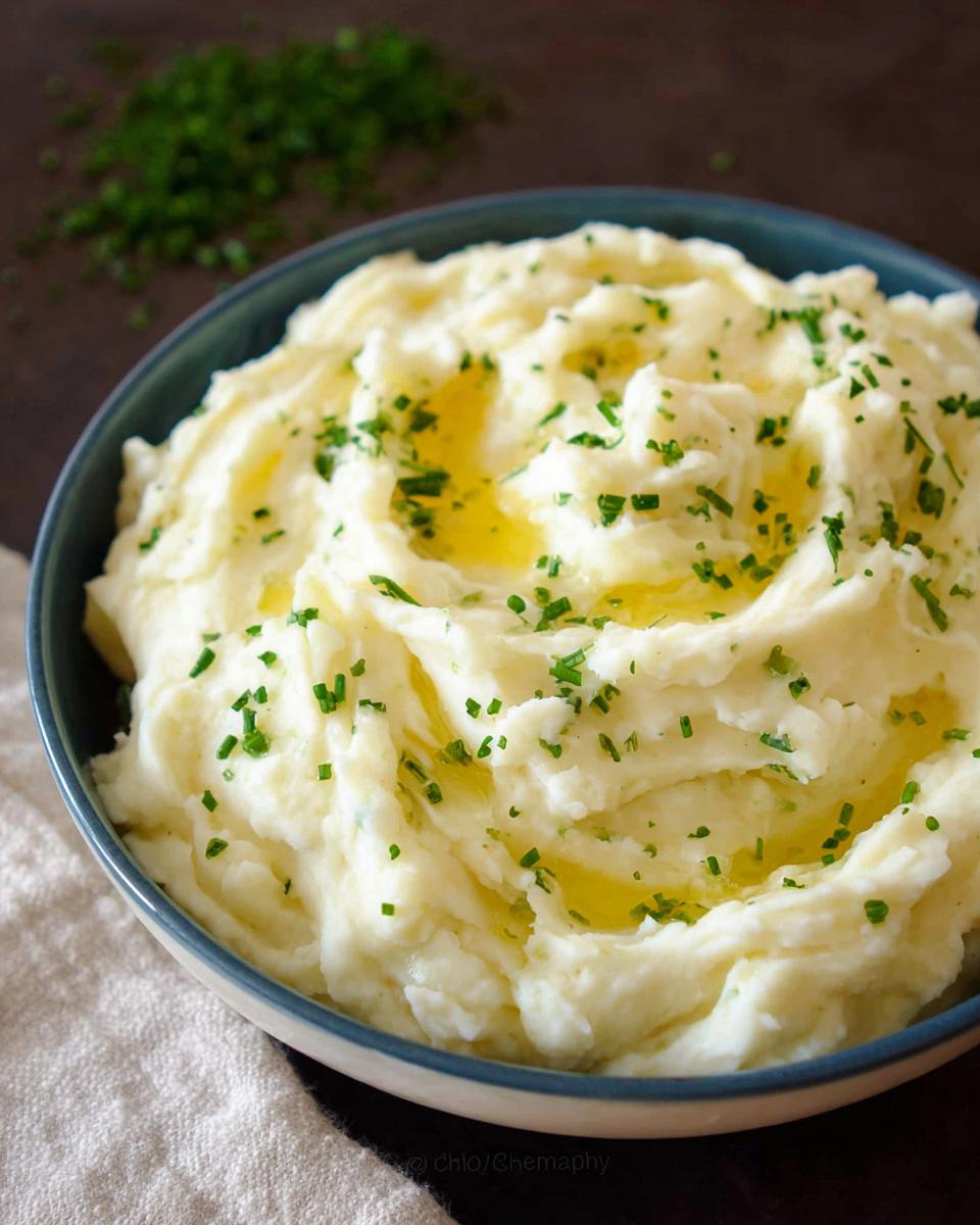 A close-up of fluffy Creamy Mashed Potatoes topped with melted butter and fresh chopped chives in a blue bowl.