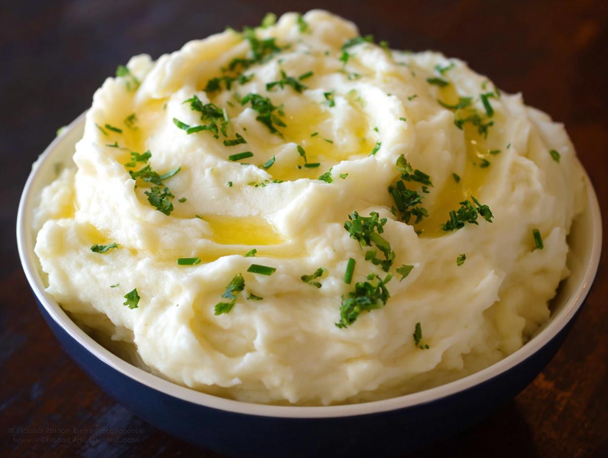 A close-up of fluffy Creamy Mashed Potatoes topped with melted butter and fresh chopped chives.