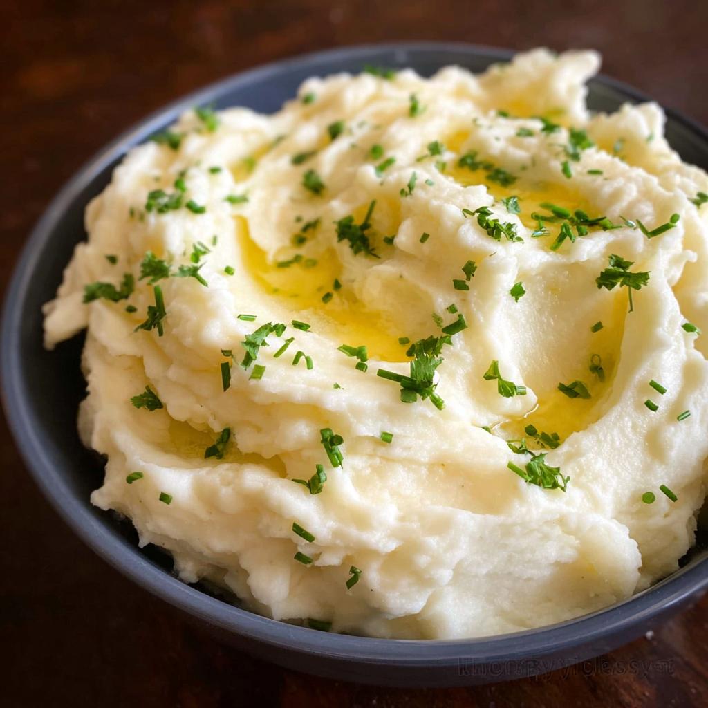 Close-up of a bowl filled with fluffy Creamy Mashed Potatoes (Make Ahead), topped with melted butter and fresh chives.