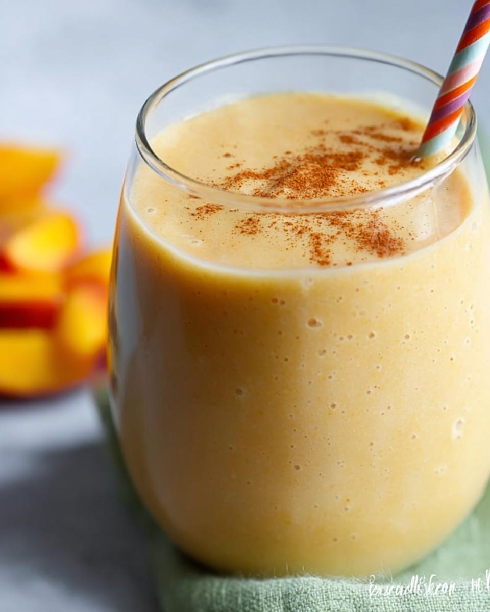 Close-up of a creamy Peach Yogurt Smoothie topped with cinnamon and a colorful striped straw.