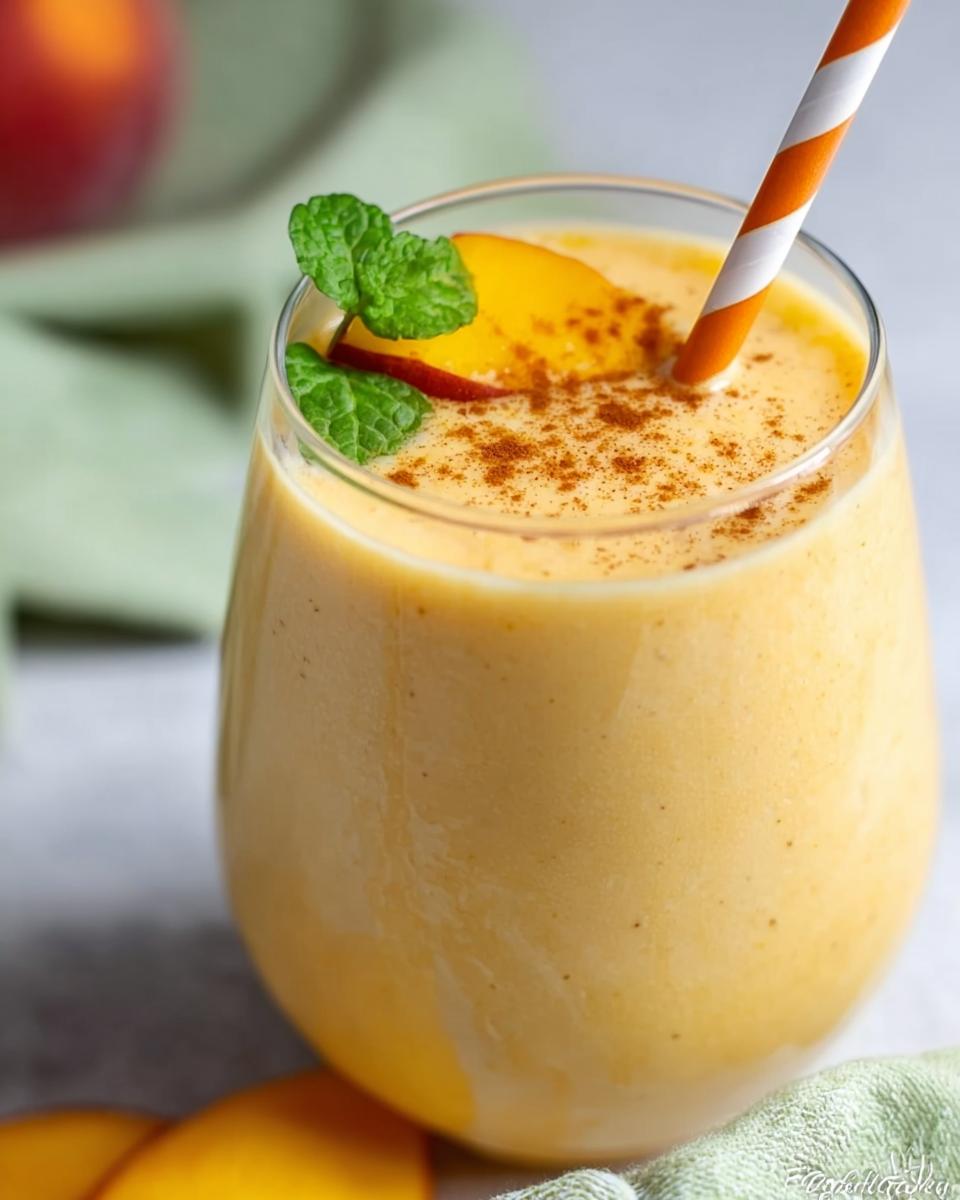 A close-up of a creamy Peach Yogurt Smoothie garnished with a peach slice, mint, and cinnamon.