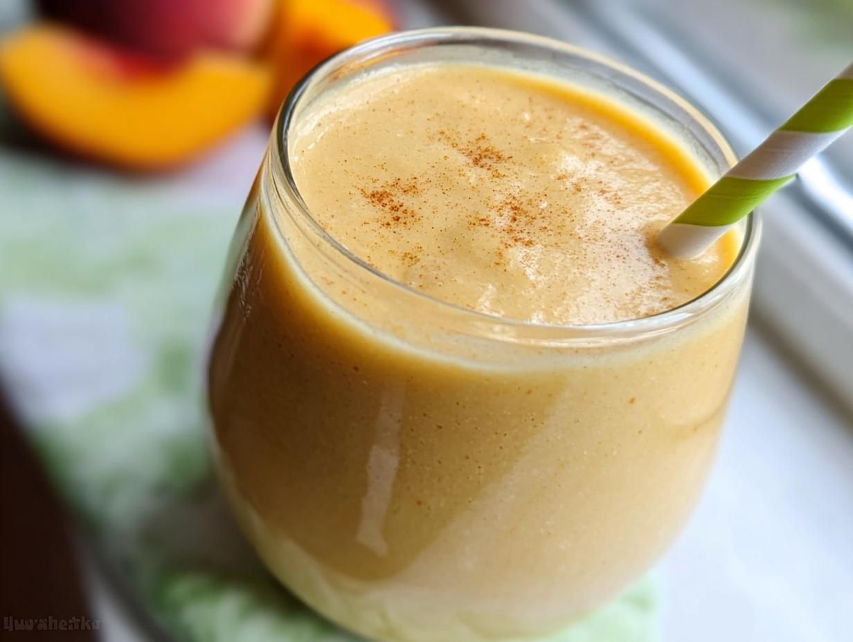 Close-up of a thick, creamy Peach Yogurt Smoothie topped with cinnamon, served in a glass with a striped straw.