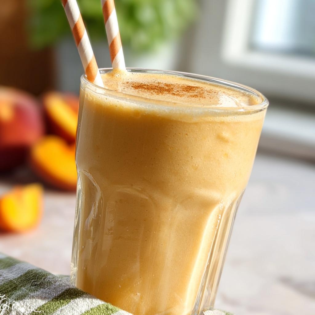 Close-up of a thick, creamy Peach Yogurt Smoothie topped with cinnamon, served with striped straws.