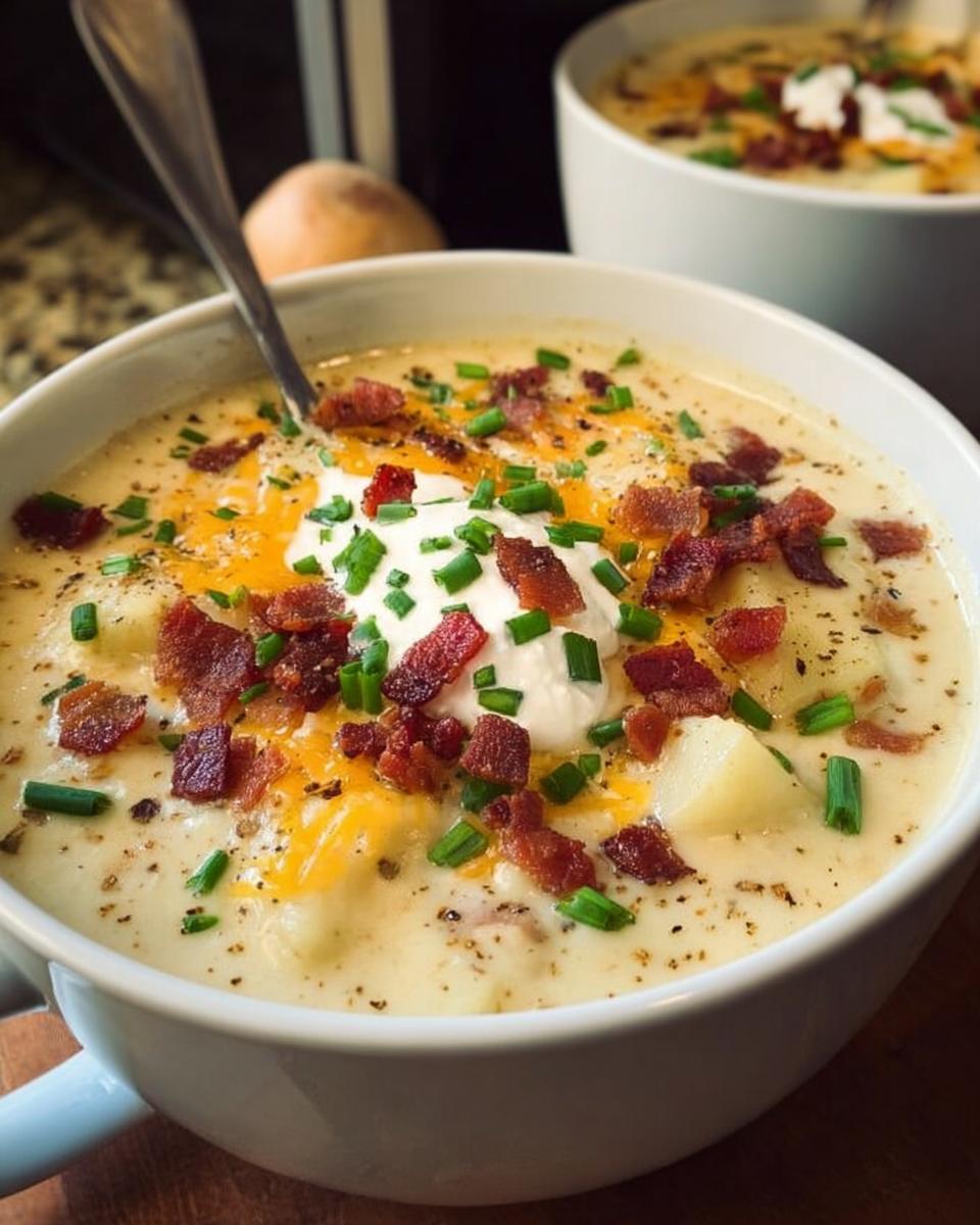 Close-up of a creamy Potato Soup topped with bacon, cheddar cheese, sour cream, and chives.