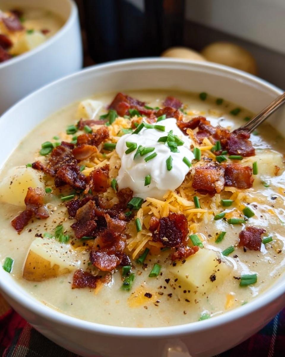 Close-up of a creamy bowl of Potato Soup topped with bacon bits, shredded cheddar, sour cream, and chives.
