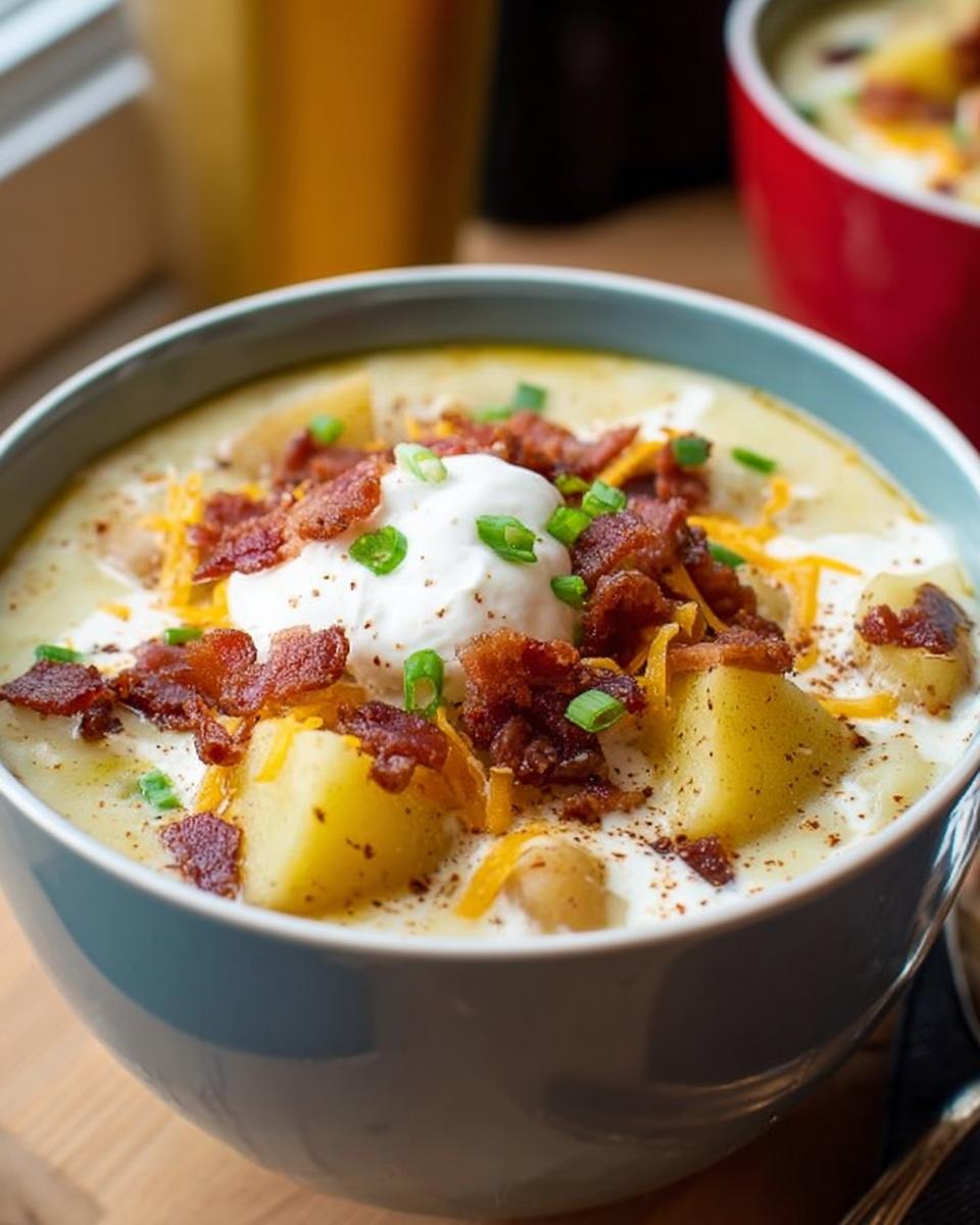 Close-up of a bowl of creamy Potato Soup topped with sour cream, crispy bacon bits, shredded cheese, and chives.