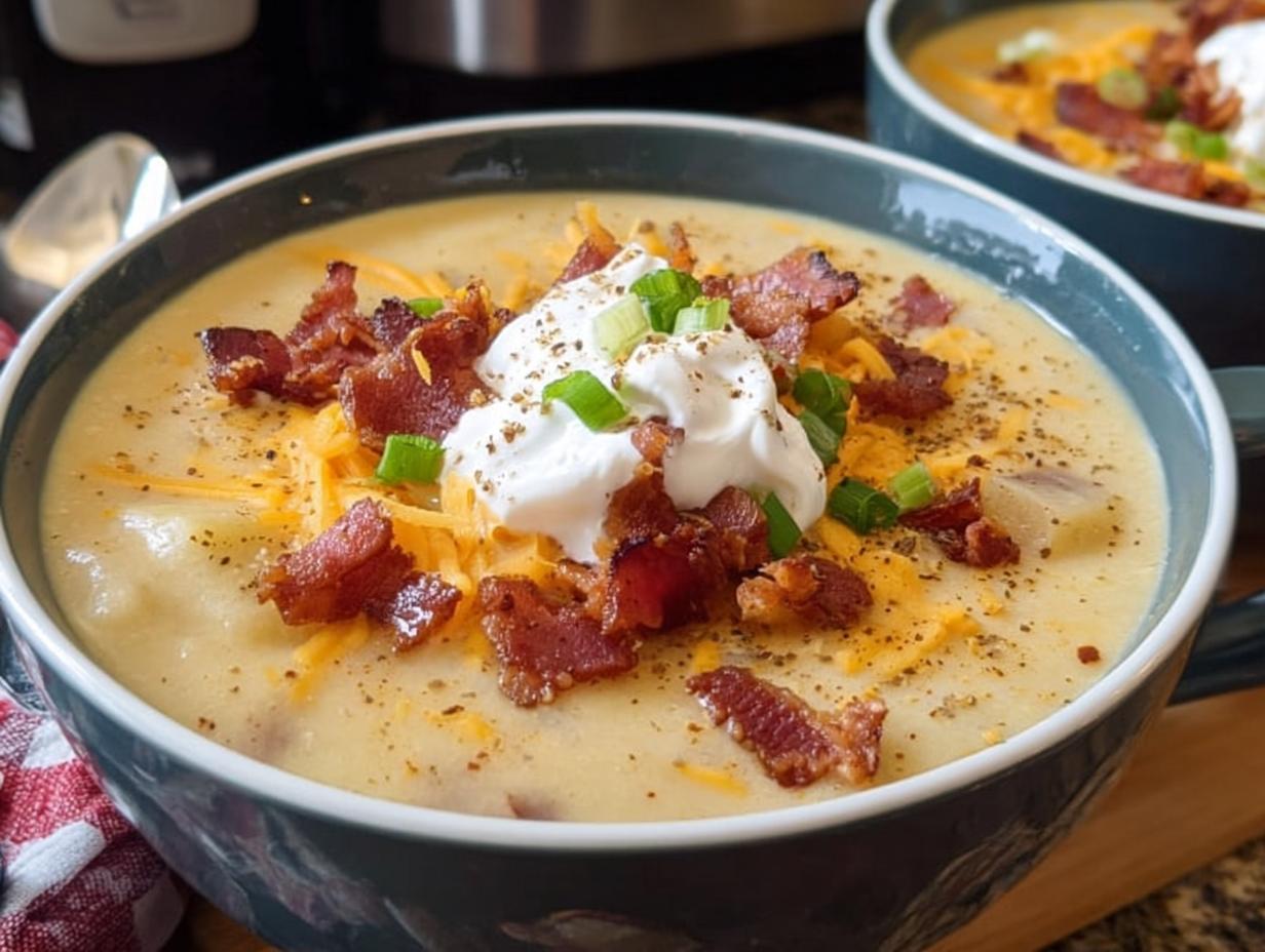 Close-up of a bowl of creamy Potato Soup topped with bacon, shredded cheese, sour cream, and green onions.
