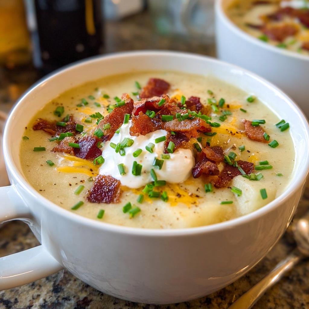 A close-up of creamy Potato Soup topped with sour cream, bacon bits, shredded cheese, and chives.