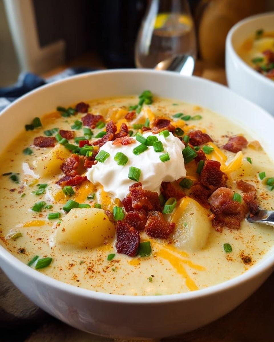 Close-up of a bowl of creamy Potato Soup loaded with chunks of potato, bacon bits, shredded cheese, and a dollop of sour cream.