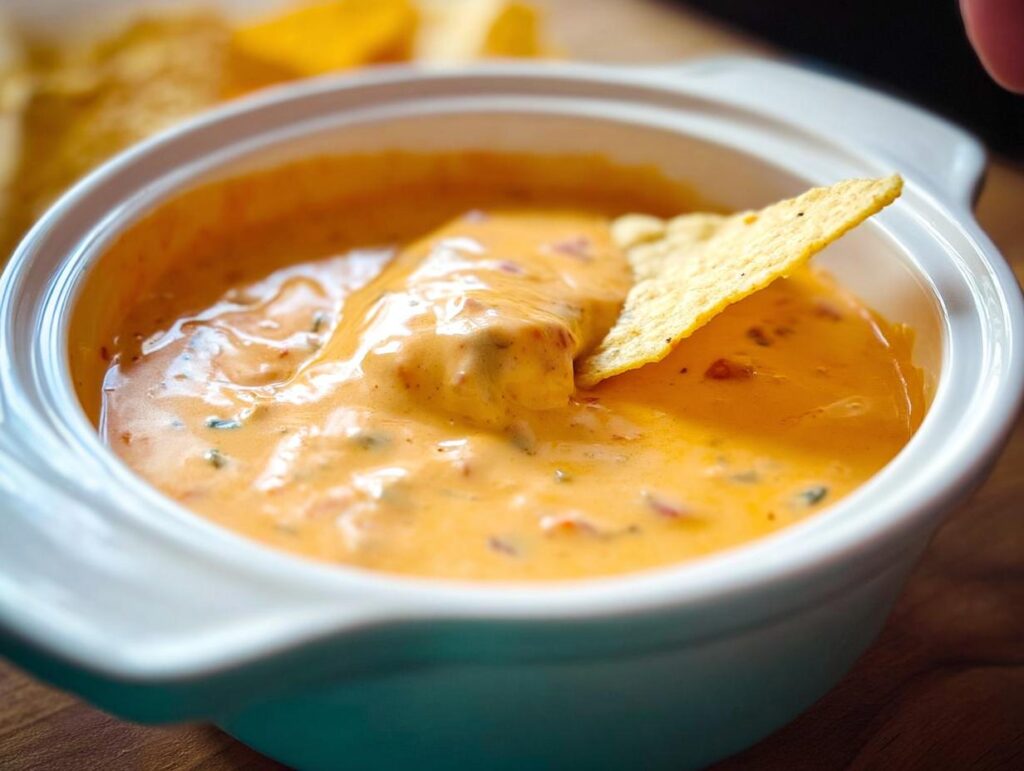 Close-up of a tortilla chip dipping into a bowl of rich, orange Queso Dip with visible peppers and herbs.