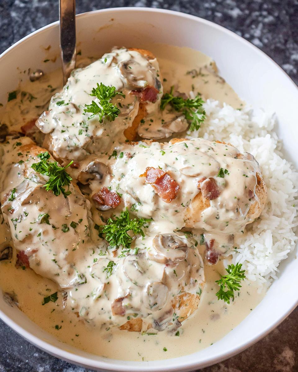 A spoonful of creamy smothered chicken and rice, topped with mushrooms and parsley.