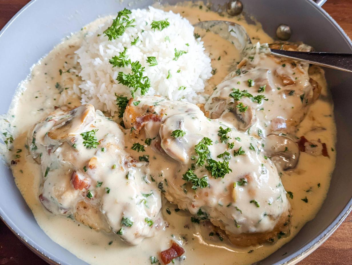 Close-up of Creamy Smothered Chicken and Rice served in a skillet, topped with parsley.
