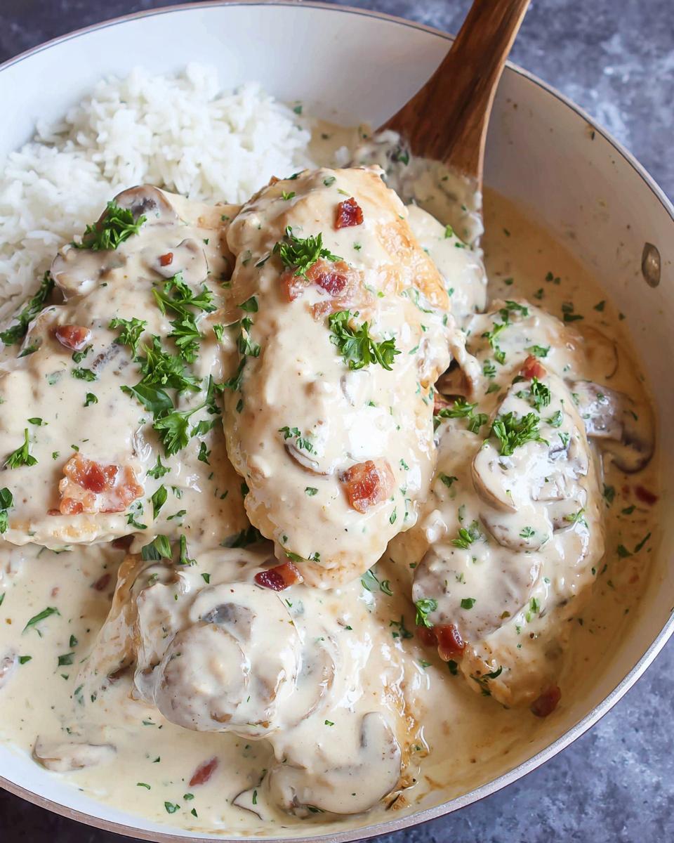 Close-up of Creamy Smothered Chicken and Rice Recipe served in a skillet with a wooden spoon.