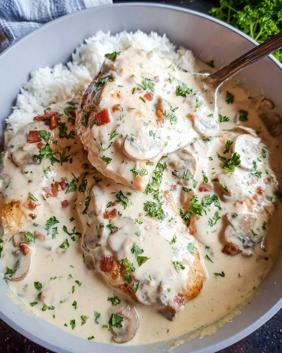 A spoonful of Creamy Smothered Chicken and Rice is lifted from a bowl filled with white rice and rich mushroom cream sauce.